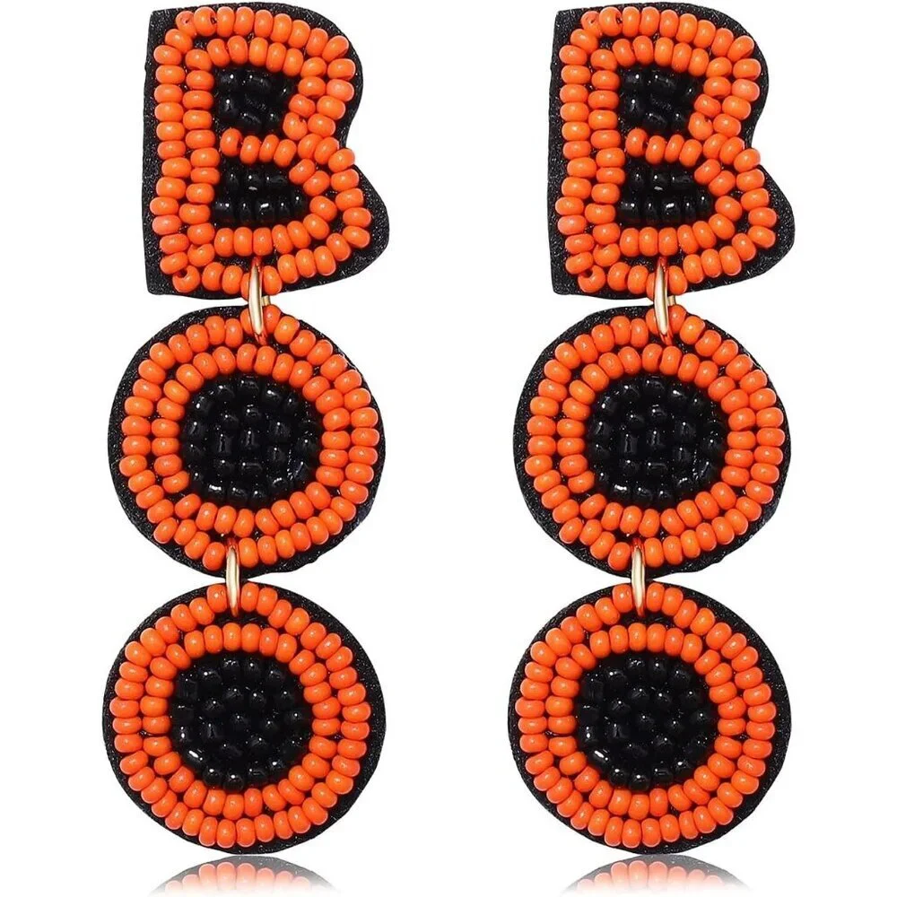 Women's Black&orange Halloween Beaded Boo Earrings Spooky Ghost Pumpkin Jeweller
